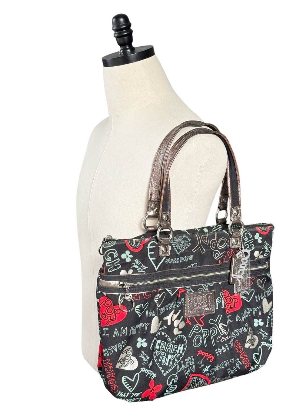 Coach Poppy Large Glam Tote With Graffiti Print silver/black multicolor
